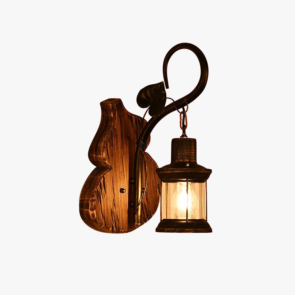 Rustic Wood Wall Light with Hanging Lantern