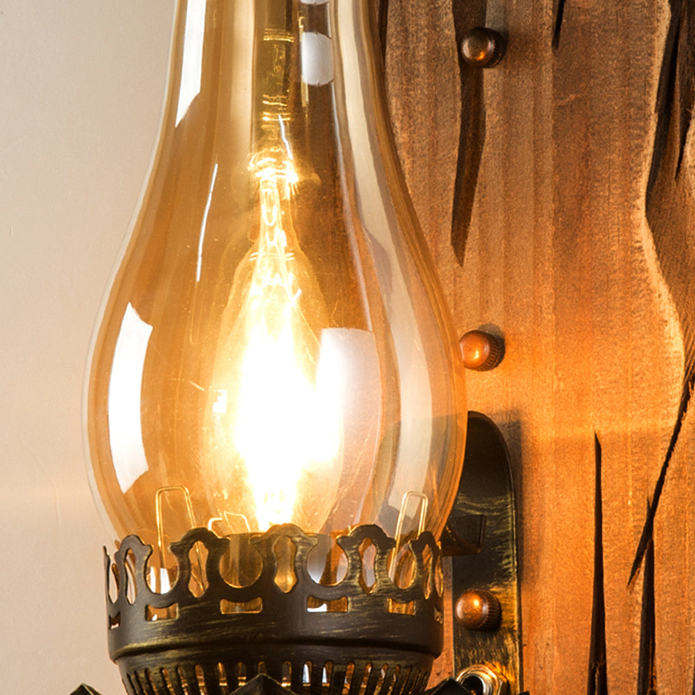 Rustic Wood Wall Light with Vintage Glass Shade