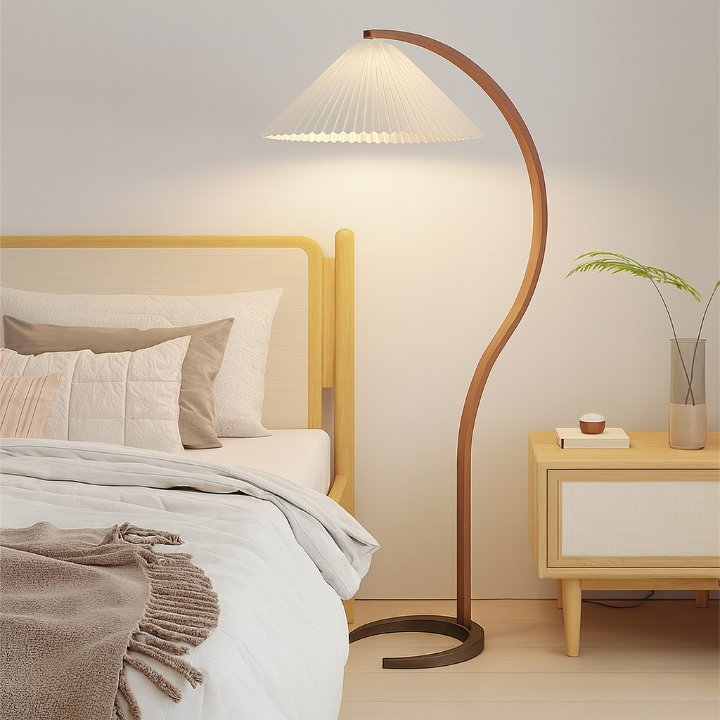 Scandinavian Curved Floor Lamp with Linen Shade