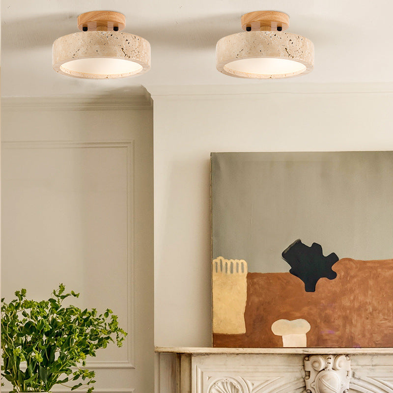 Travertine Ceiling Light with Wood Base Trim
