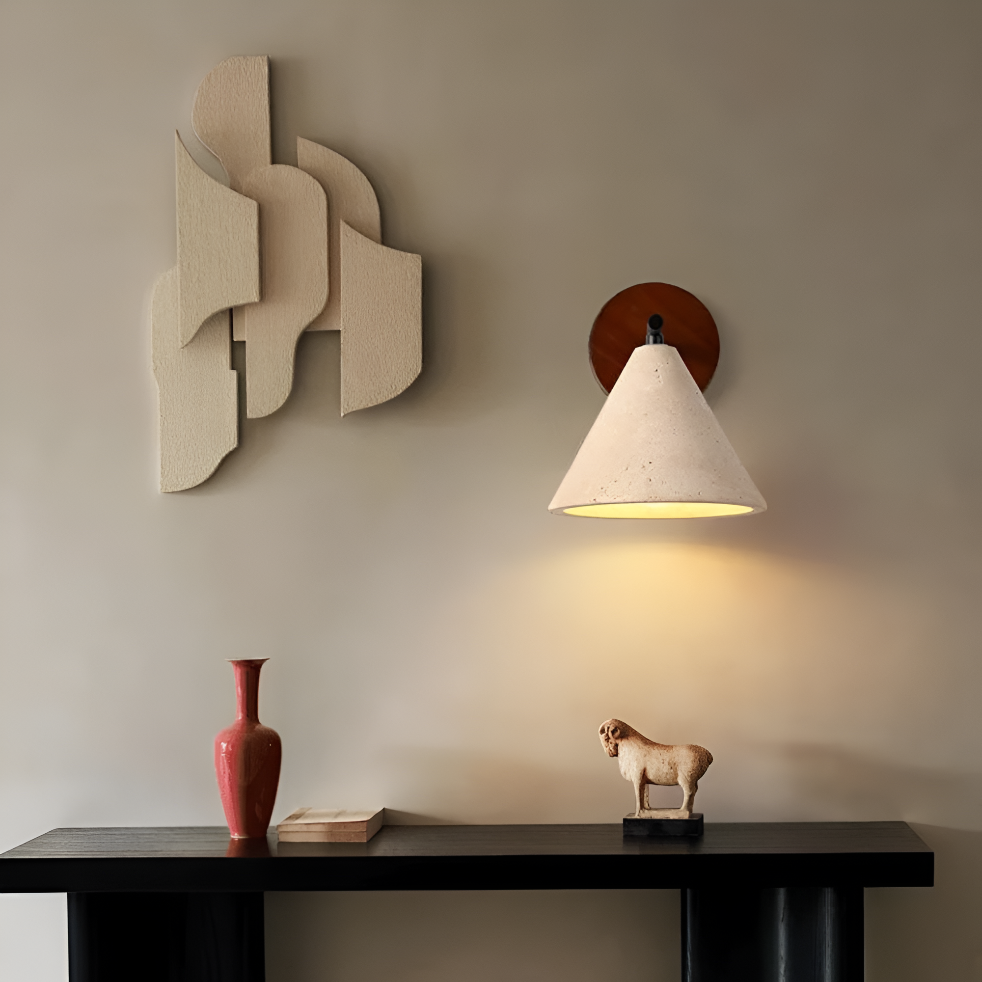 Travertine Cone Wall Sconce with Wood Mount