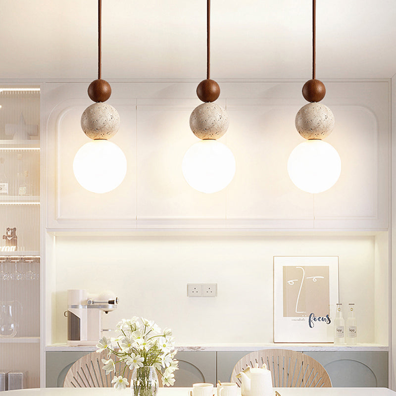 Travertine Globe Pendant Light with Wood Accent