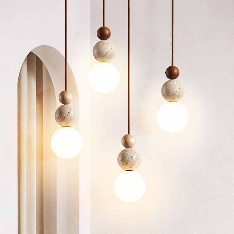 Travertine Globe Pendant Light with Wood Accent