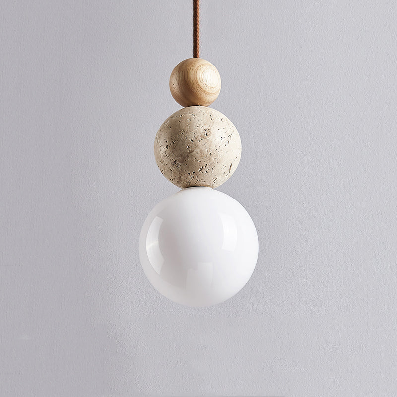 Travertine Globe Pendant Light with Wood Accent