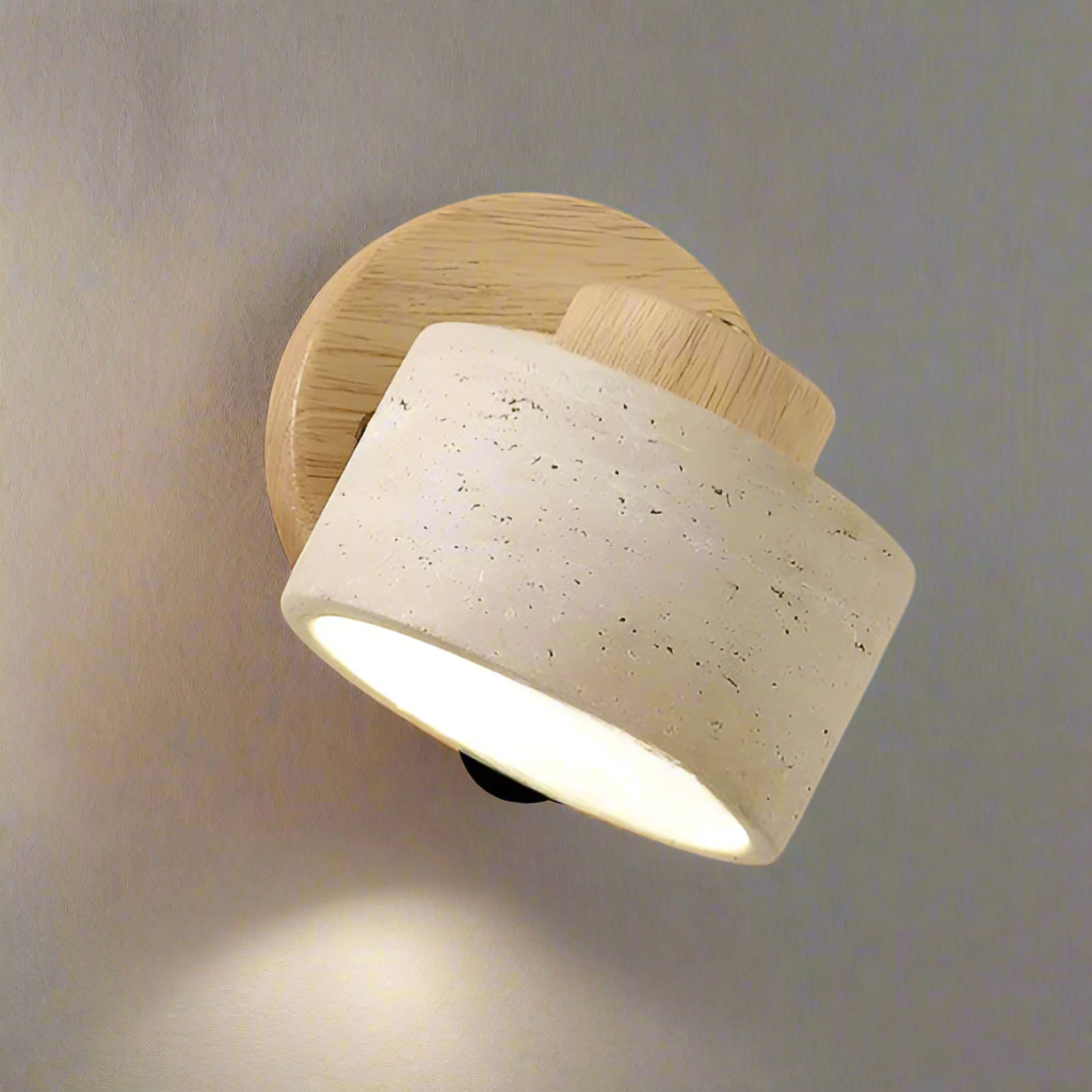 Travertine Wood Wall Light with Cylinder Shade
