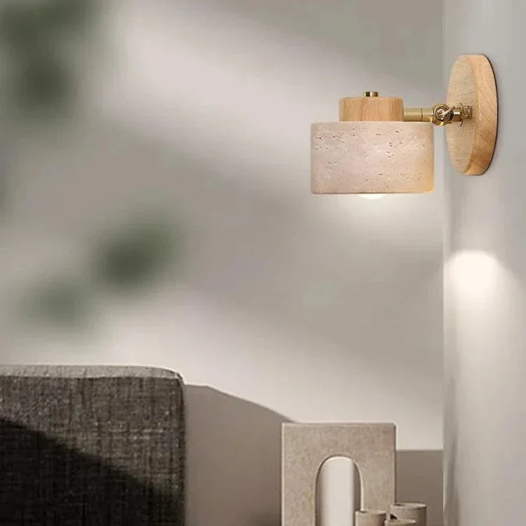 Travertine Wood Wall Light with Cylinder Shade
