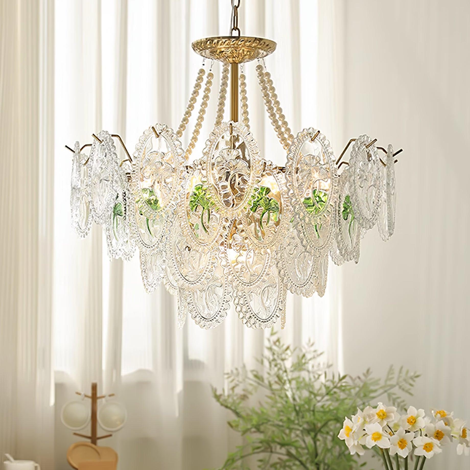 Vintage Pearl Glass Dining Room Chandelier with Gold Frame