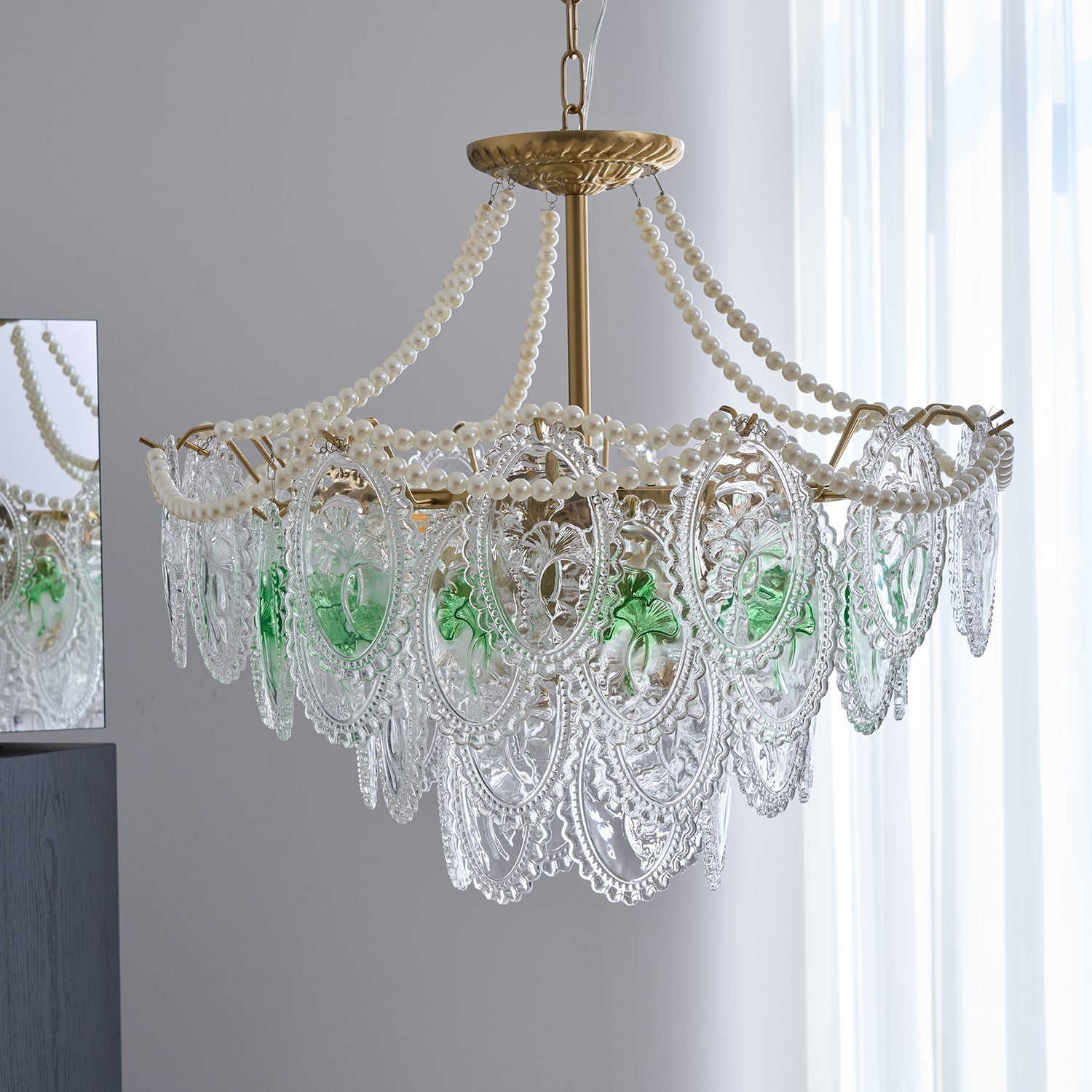 Vintage Pearl Glass Dining Room Chandelier with Gold Frame
