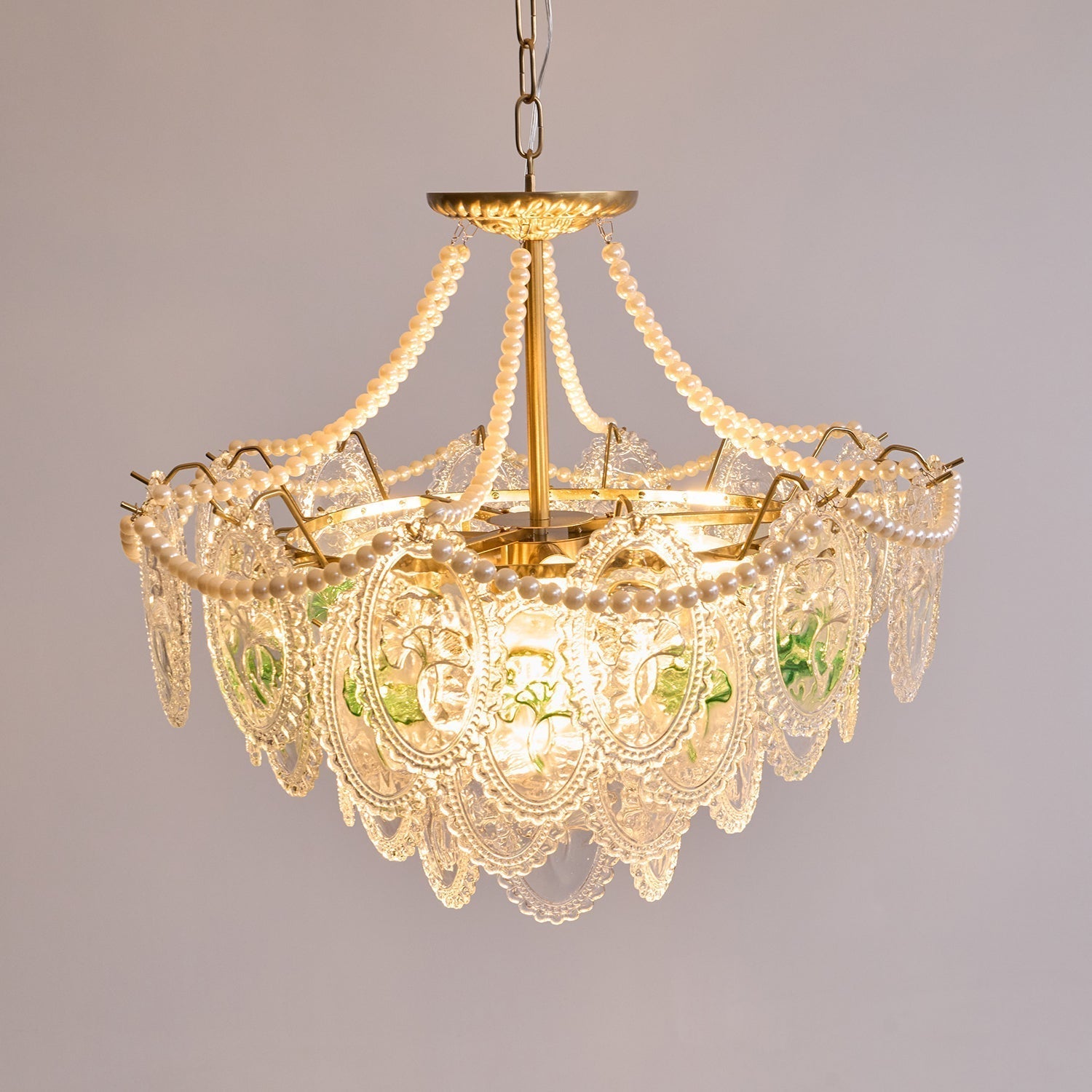 Vintage Pearl Glass Dining Room Chandelier with Gold Frame