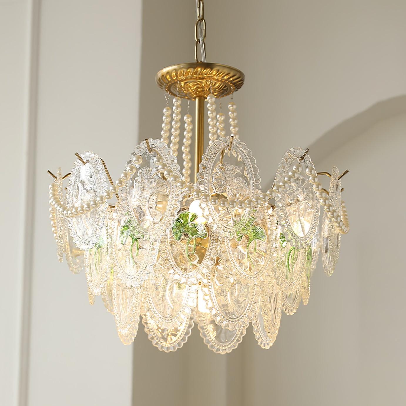 Vintage Pearl Glass Dining Room Chandelier with Gold Frame