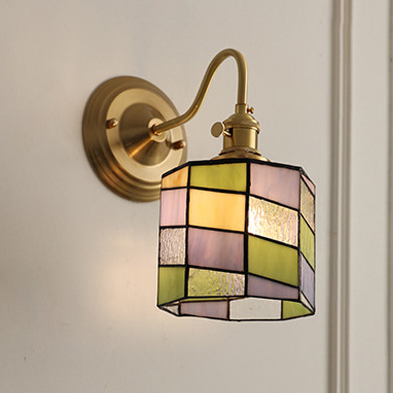 Vintage Tiffany Glass Wall Sconce with Retro Brass Design