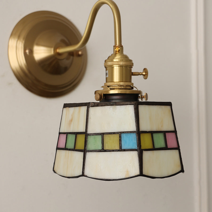 Vintage Tiffany Glass Wall Sconce with Retro Brass Design