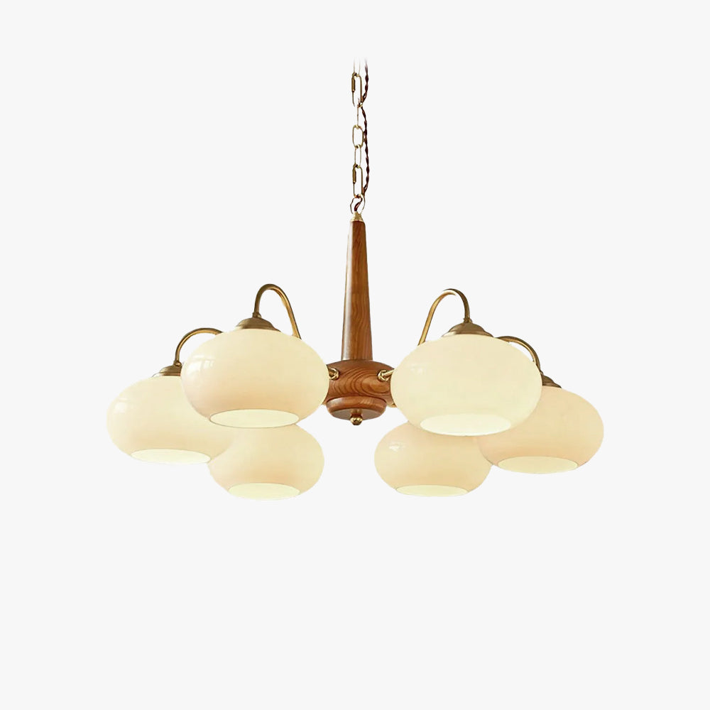 Vintage Wood Glass Chandelier with Three Lights