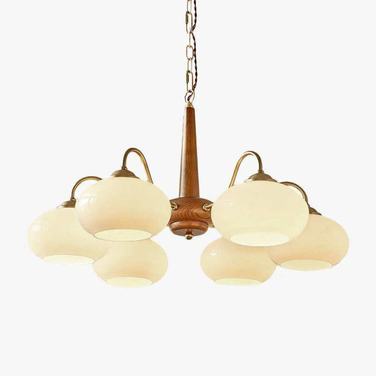 Vintage Wood Glass Chandelier with Three Lights