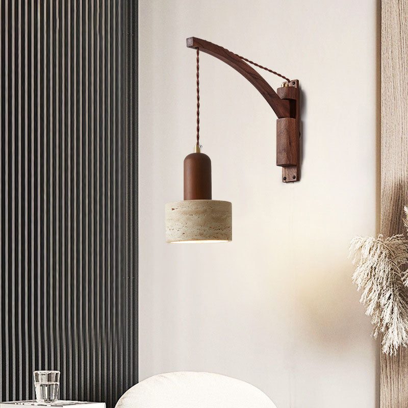 Japandi Wooden Arm Pendant Wall Sconce with Wabi-Sabi Stone Shade