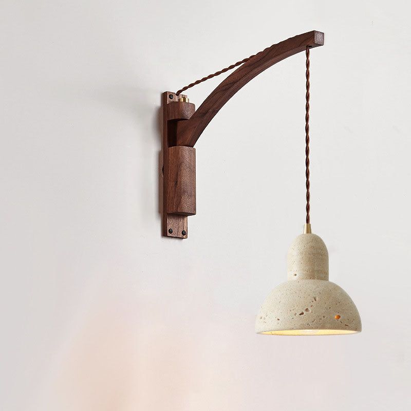 Japandi Wooden Arm Pendant Wall Sconce with Wabi-Sabi Stone Shade