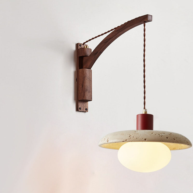 Japandi Wooden Arm Pendant Wall Sconce with Wabi-Sabi Stone Shade