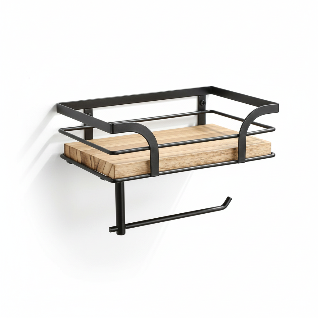 Wall Rack with Wood Shelf and Towel Bar Design