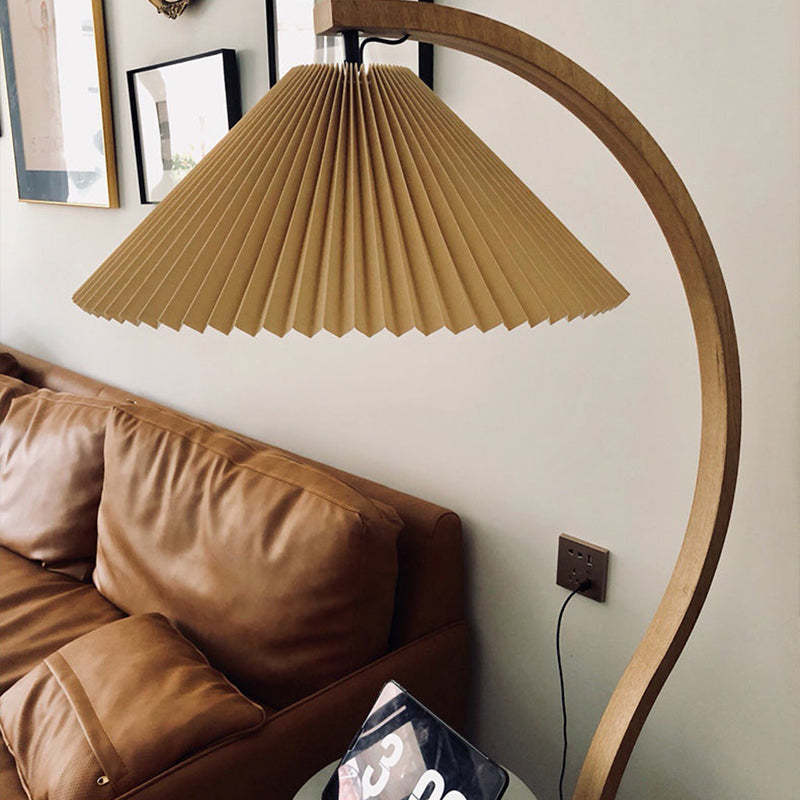 Wood Arc Floor Lamp with Fabric Pleated Shade