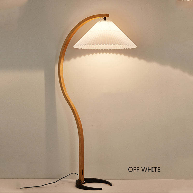 Wood Arc Floor Lamp with Fabric Pleated Shade