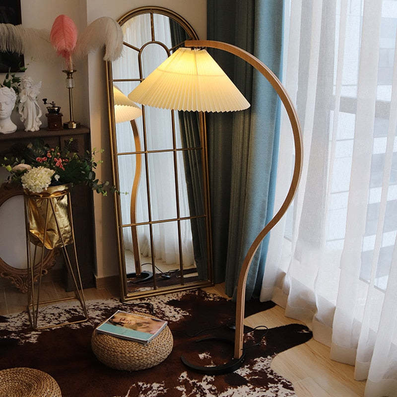 Wood Arc Floor Lamp with Fabric Pleated Shade