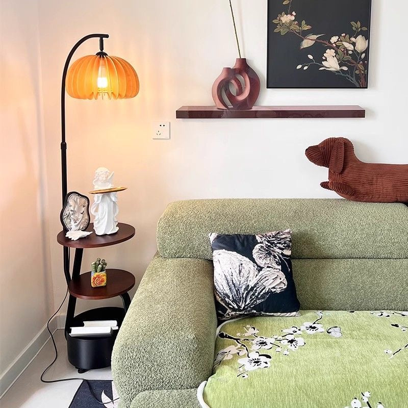 Wood Arc Floor Lamp with Shelves and Shade