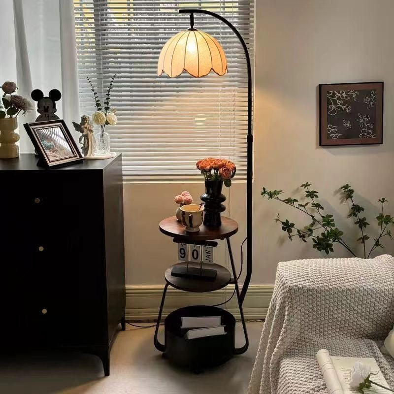 Wood Arc Floor Lamp with Shelves and Shade