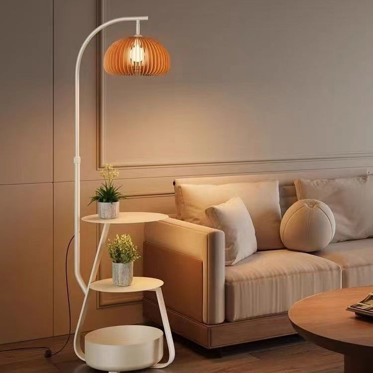 Wood Arc Floor Lamp with Shelves and Shade