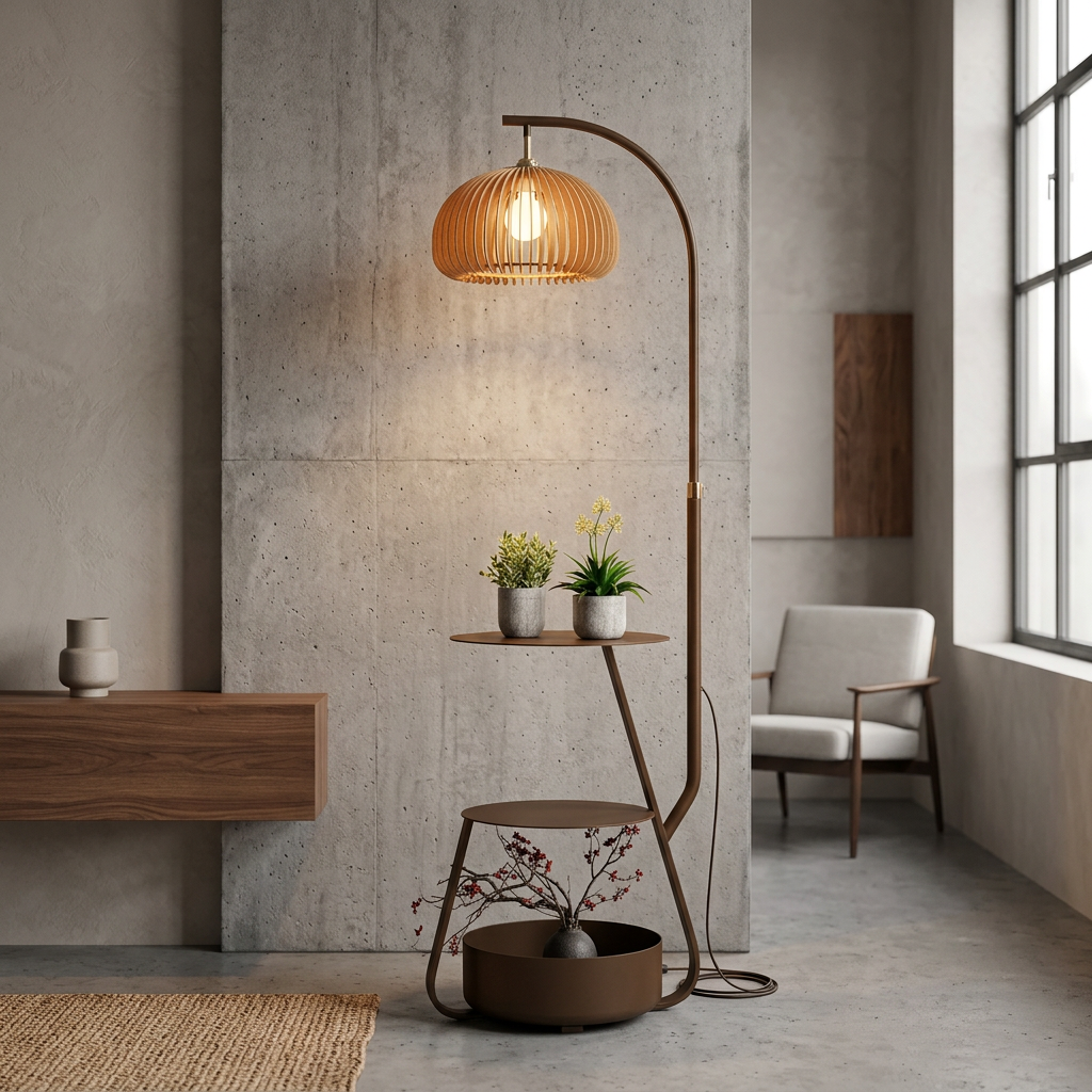 Wood Arc Floor Lamp with Shelves and Shade