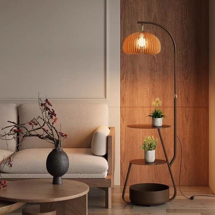 Wood Arc Floor Lamp with Shelves and Shade