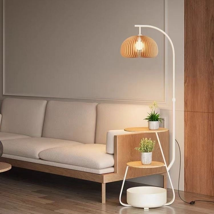 Wood Arc Floor Lamp with Shelves and Shade