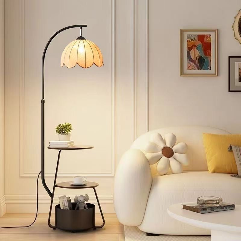Wood Arc Floor Lamp with Shelves and Shade