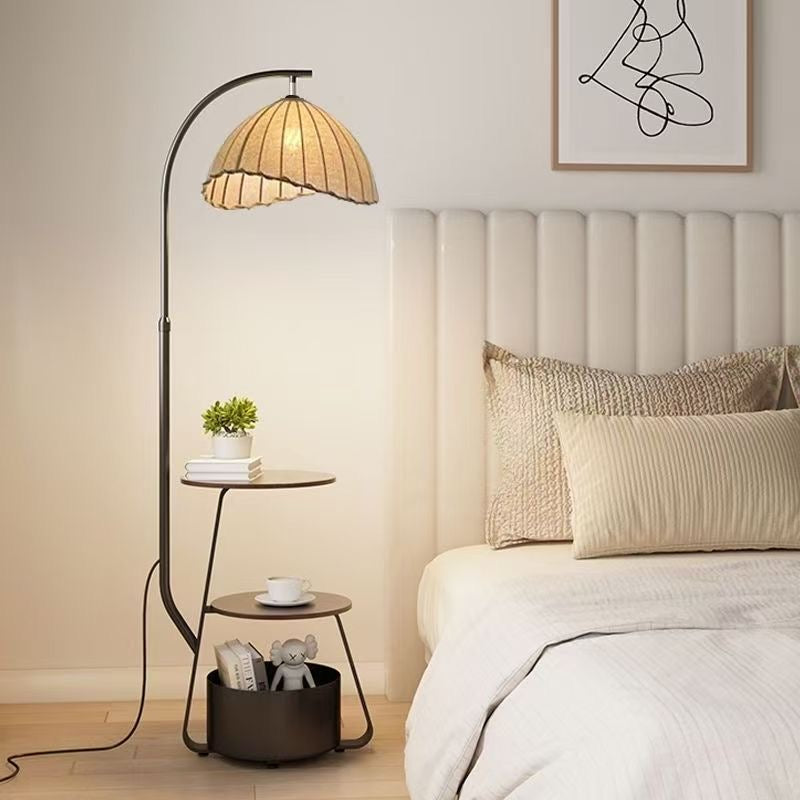 Wood Arc Floor Lamp with Shelves and Shade