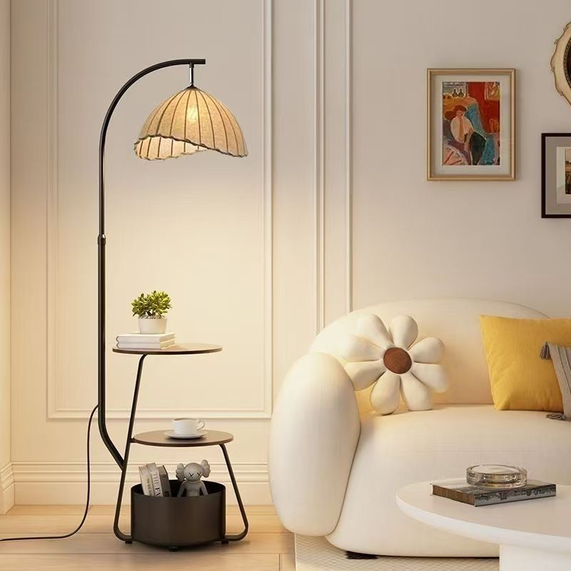 Wood Arc Floor Lamp with Shelves and Shade