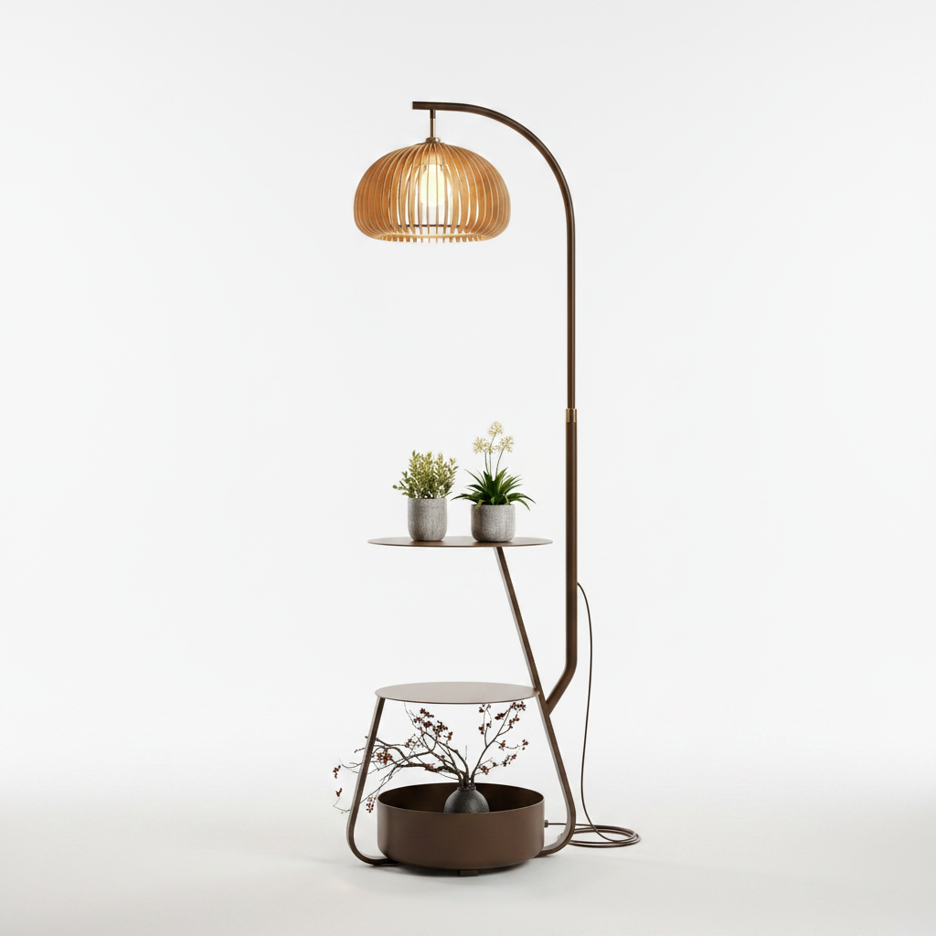 Wood Arc Floor Lamp with Shelves and Shade