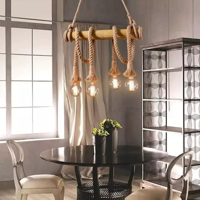 Wood Beam Pendant Light with Rope and Glass