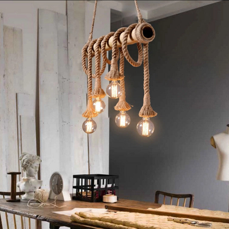 Wood Beam Pendant Light with Rope and Glass