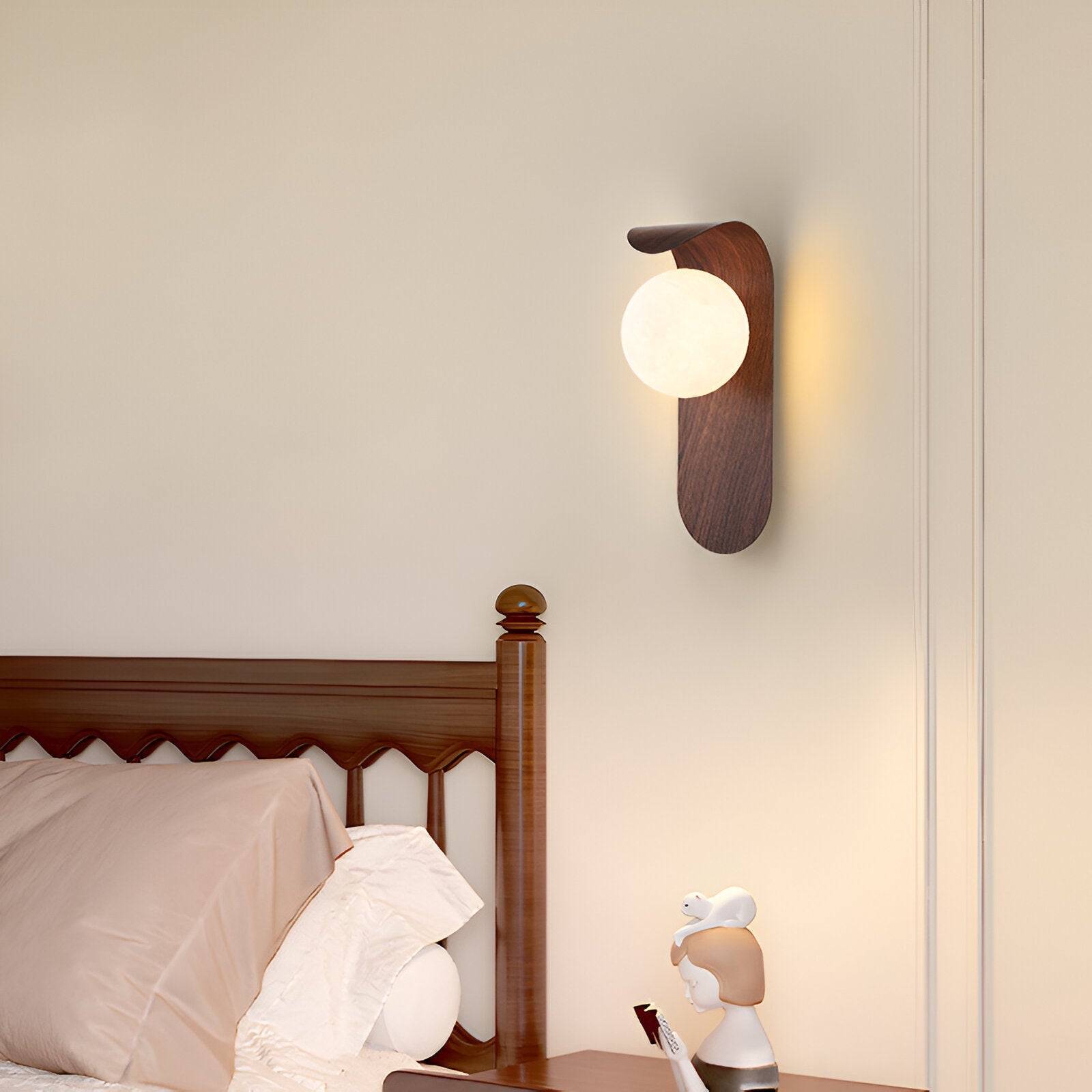 Wood Globe Wall Light with Modern Curved Arm