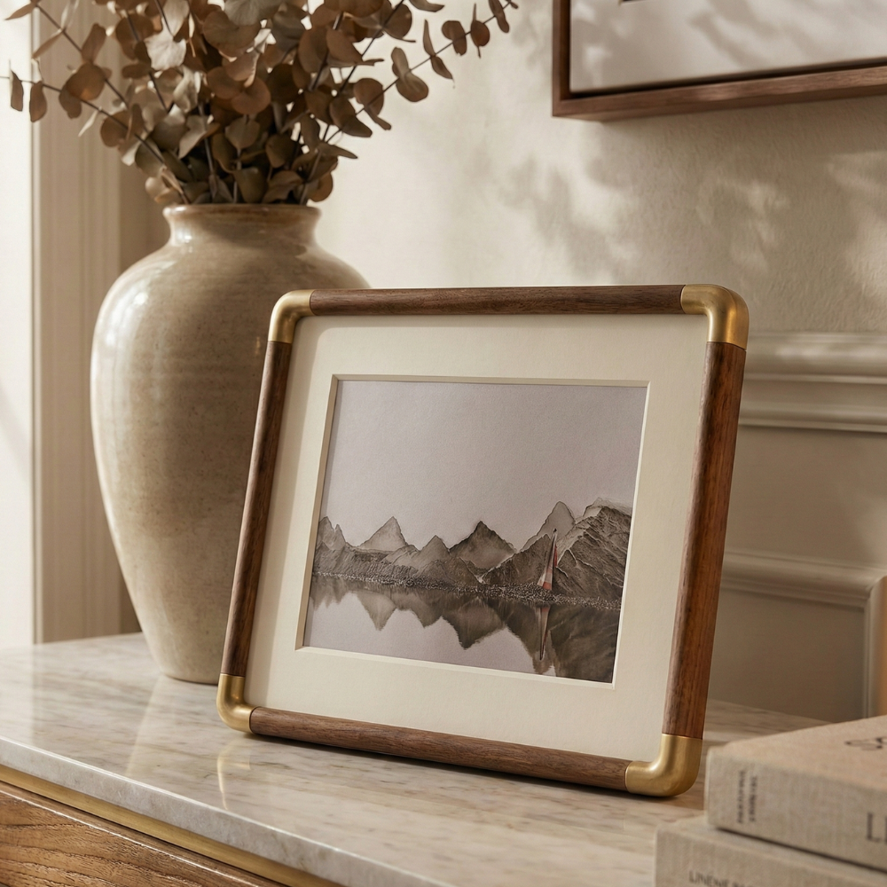 Wood Photo Frame with Gold Corner Accents
