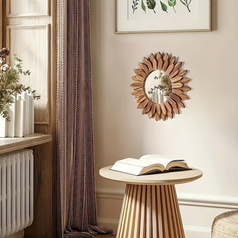 Wood Sunburst Mirror with Rustic Frame Design
