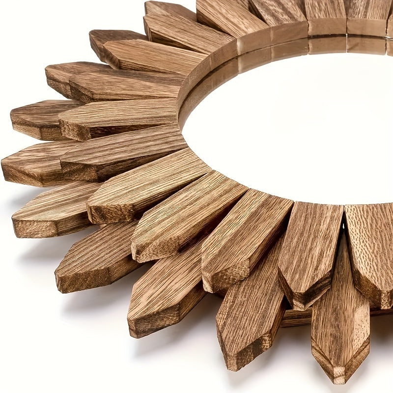 Wood Sunburst Mirror with Rustic Frame Design
