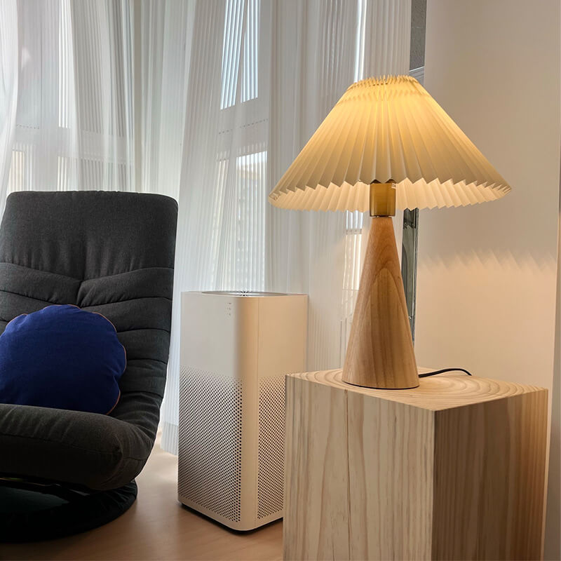 Wood Table Lamp with Pleated Fabric Shade