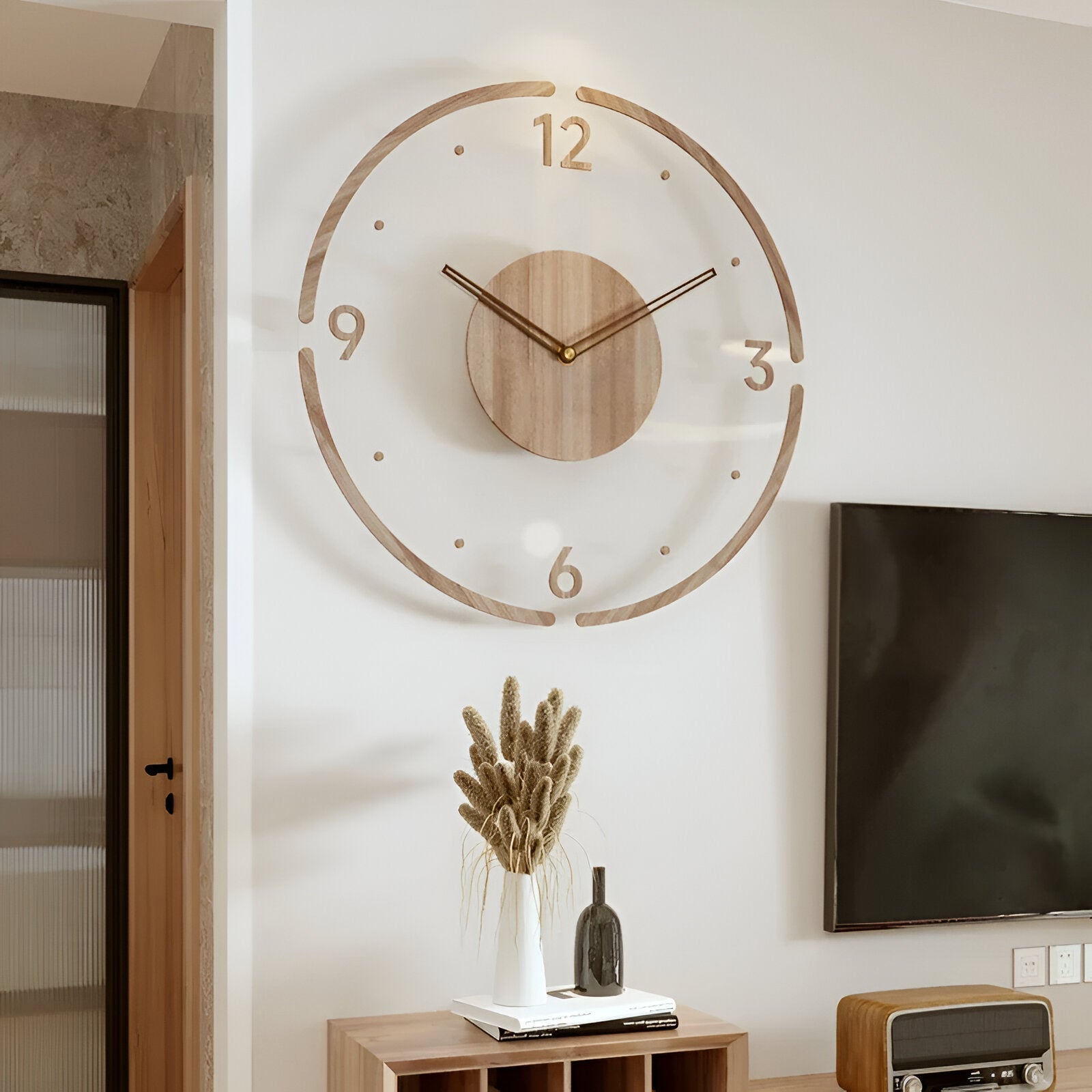 Wood Wall Clock with Transparent Minimal Design