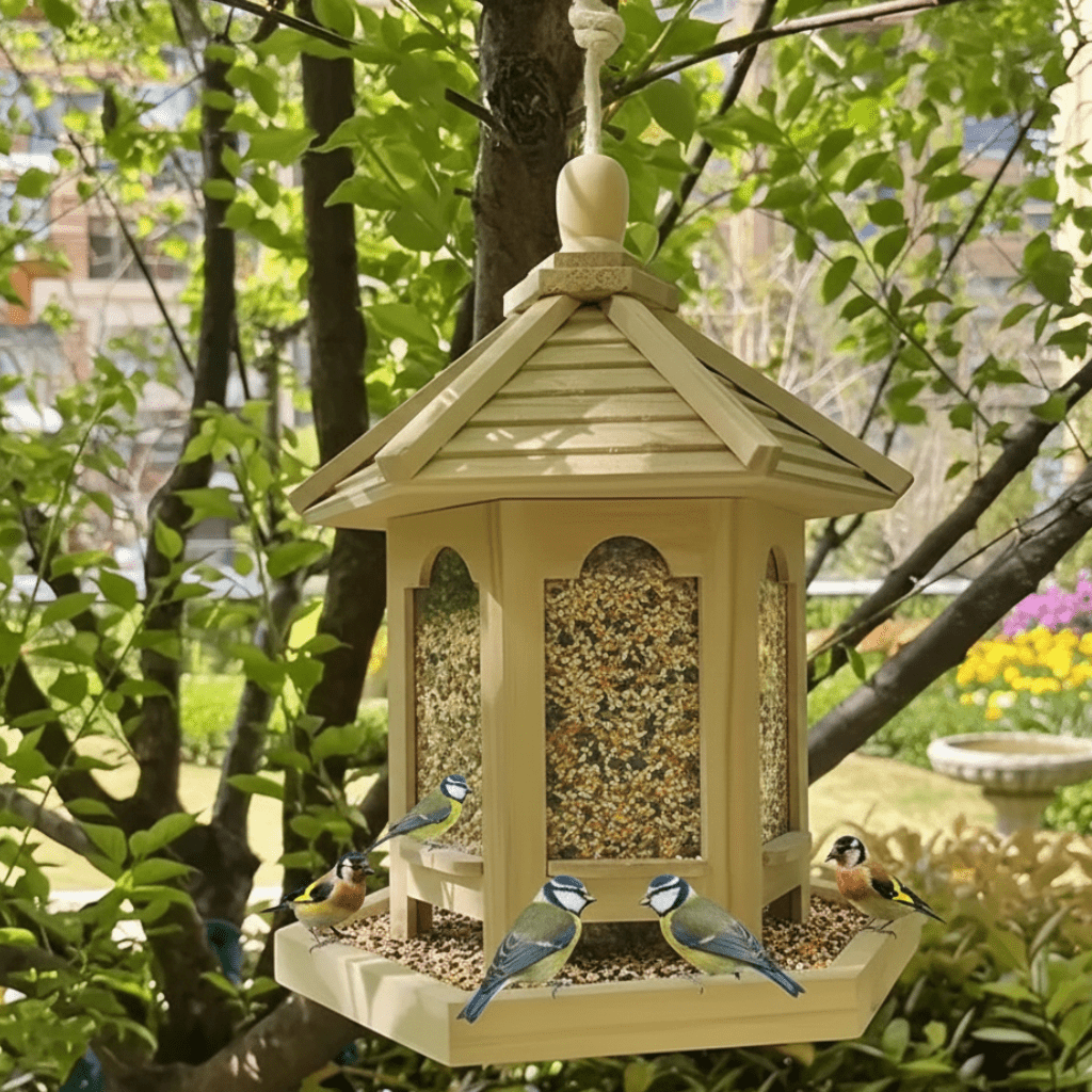 Wooden Hanging Bird Feeder House with Seed Tray