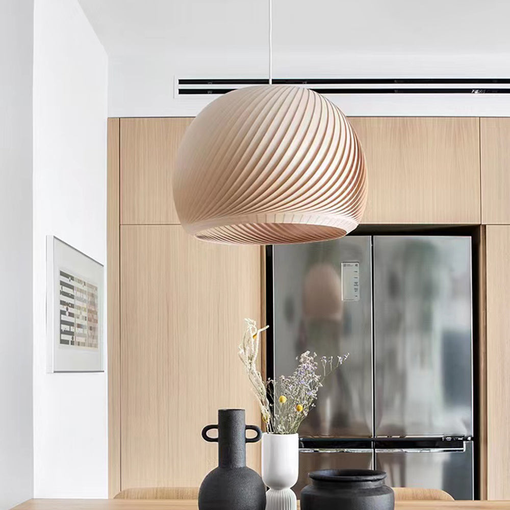 Wooden Spiral Pendant Light with Slatted Shade