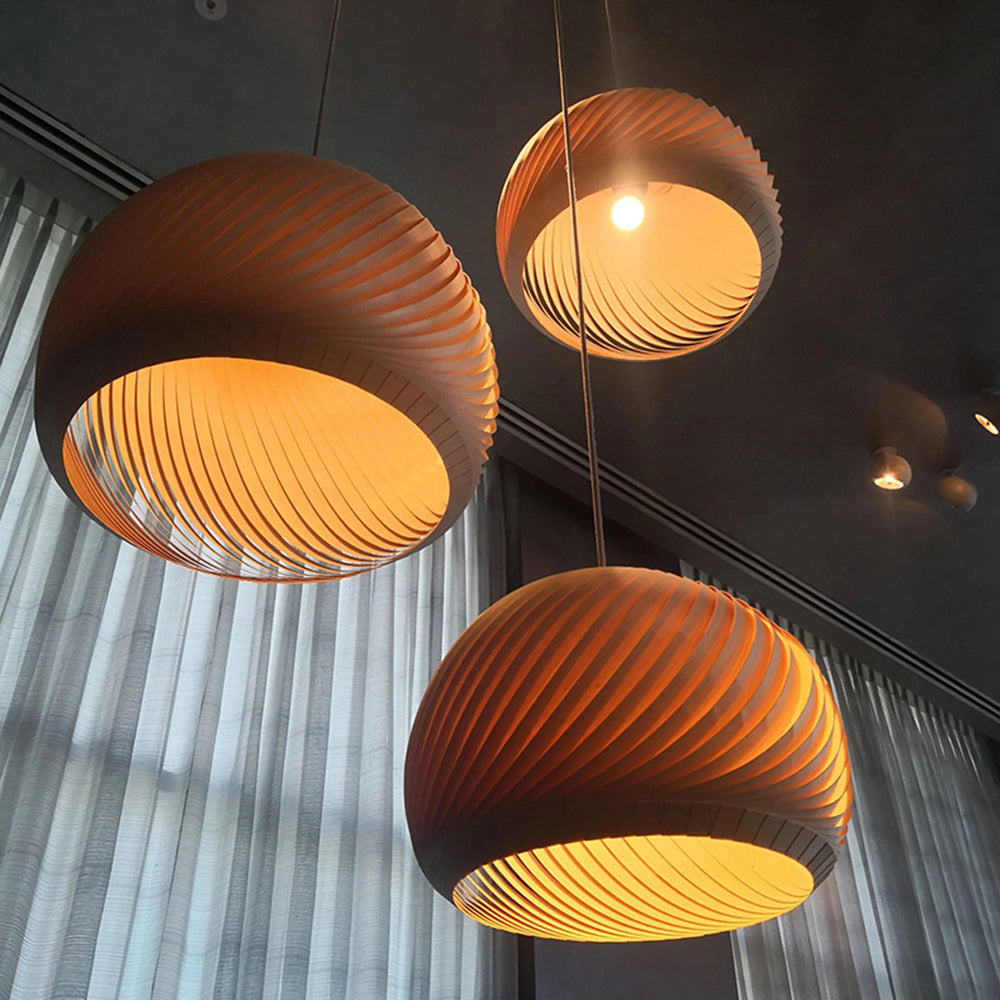 Wooden Spiral Pendant Light with Slatted Shade