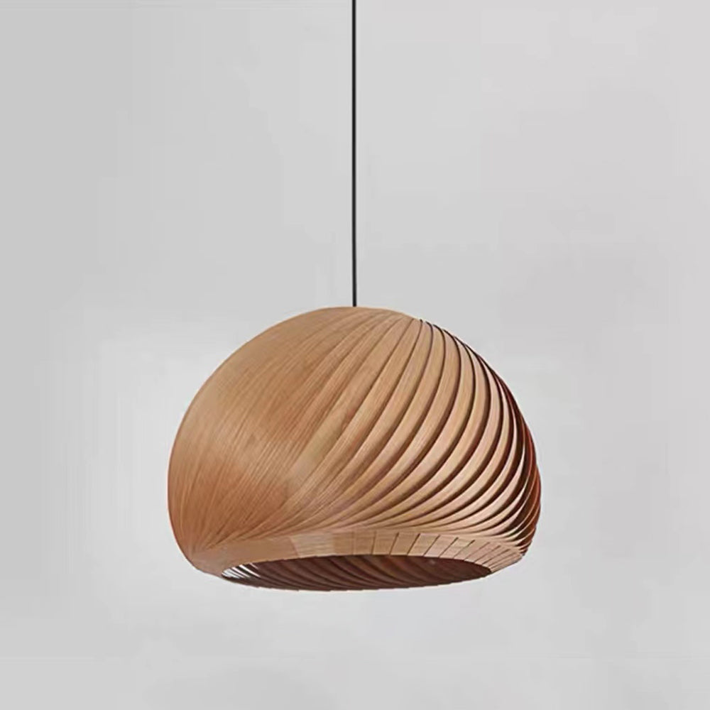 Wooden Spiral Pendant Light with Slatted Shade