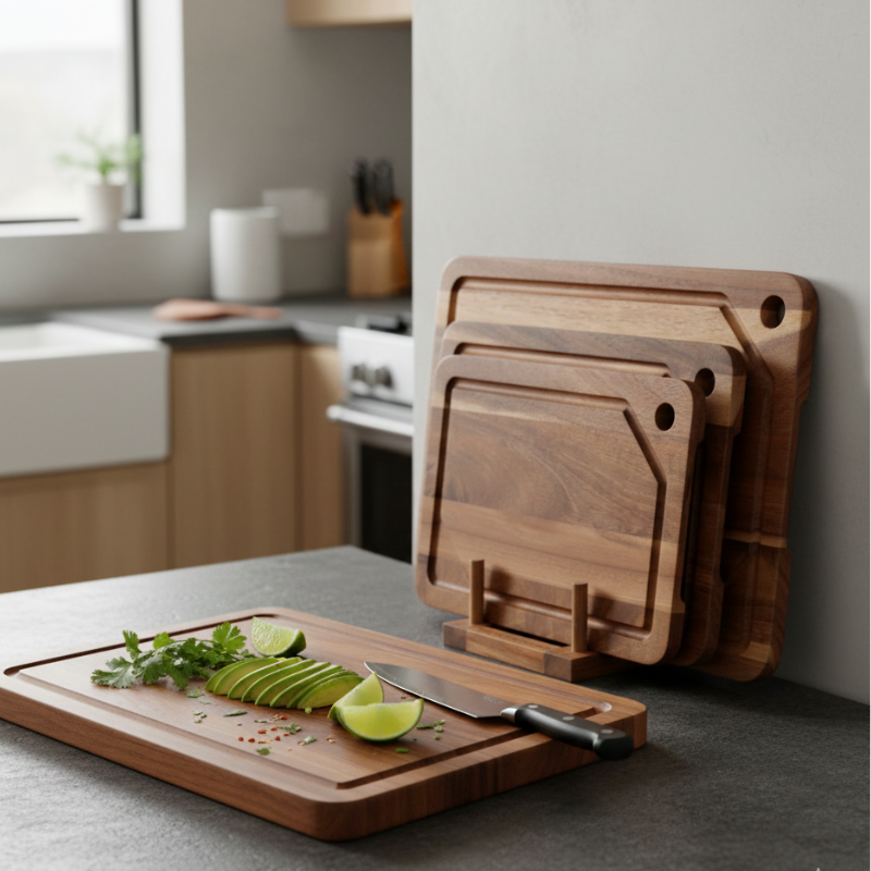 Acacia Wood Cutting Board Set with Stand Design