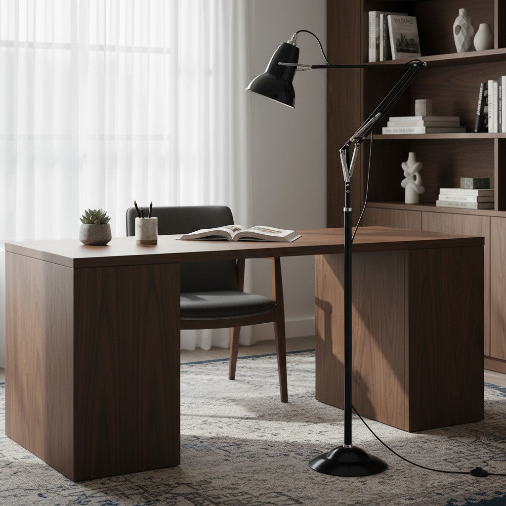 Adjustable Industrial Floor Lamp with Swing Arm for Task Lighting