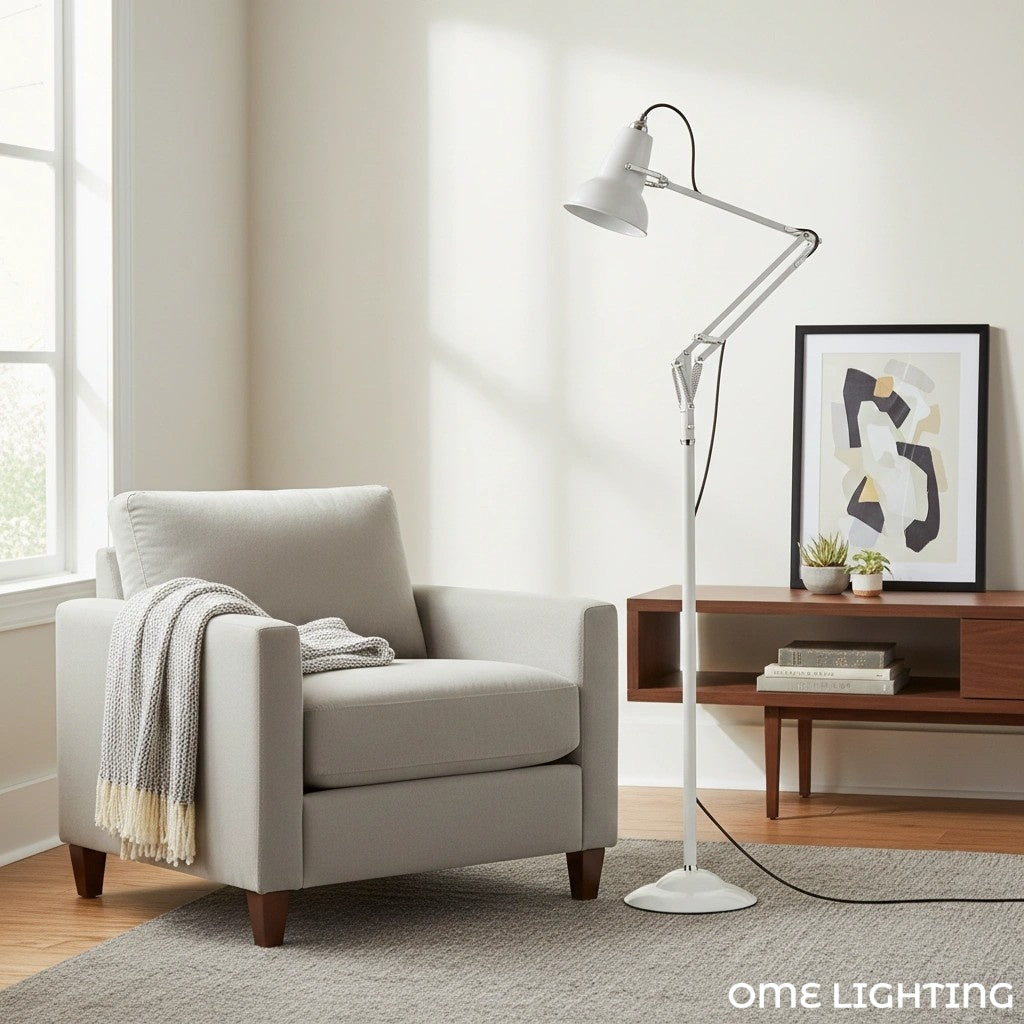 Adjustable Industrial Floor Lamp with Swing Arm for Task Lighting